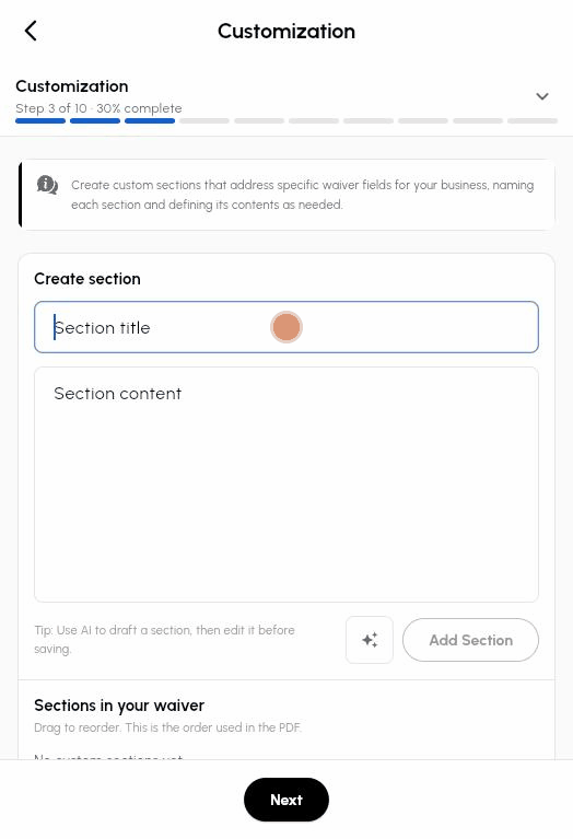 Step 3 Customization: typing a section title and content, then adding it to the Sections in your waiver list