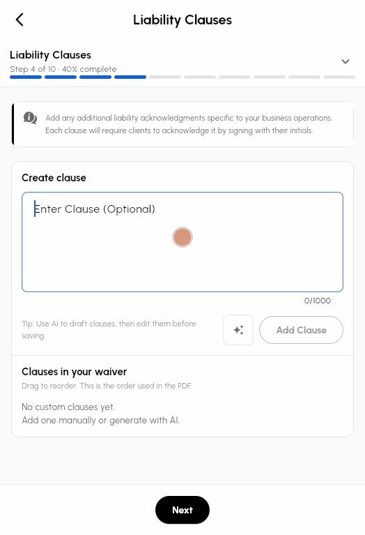 Step 4 Liability Clauses: typing a cancellation clause and clicking Add Clause