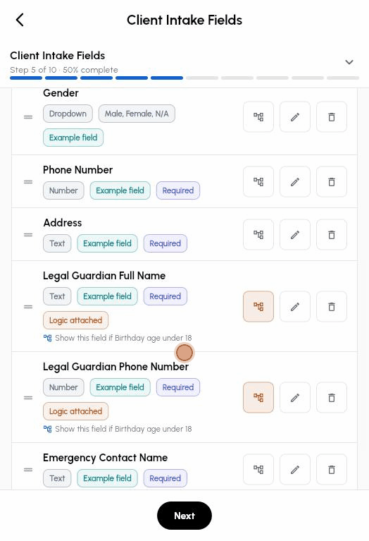 Step 5 Client Intake Fields: the default fields with their colored labels, then adding a required Membership Number field