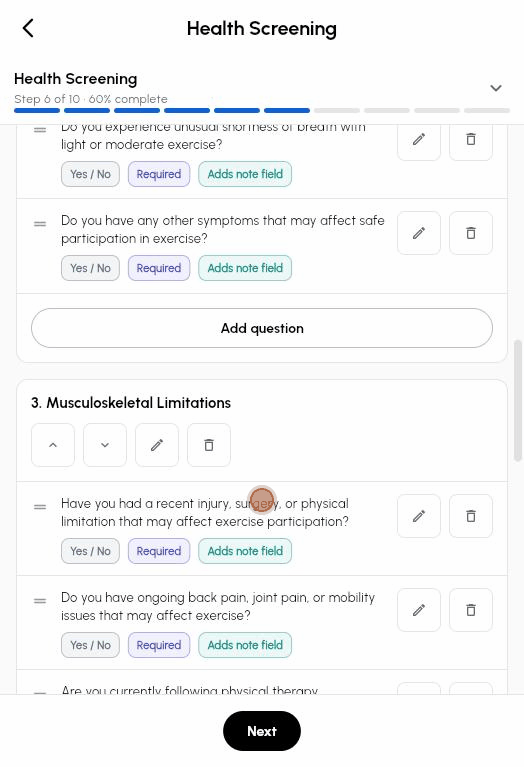 Step 6 Health Screening: scrolling the five question groups, opening a question, turning on Flag the submission when the answer matches and adding a note for staff