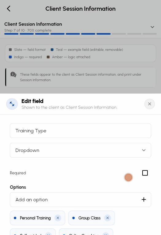 Step 7 Client Session Information: opening the Training Type dropdown field and adding a Bootcamp option