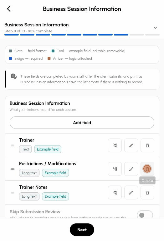 Step 8 Business Session Information: deleting the Session Type example field and turning on Require Staff Signature