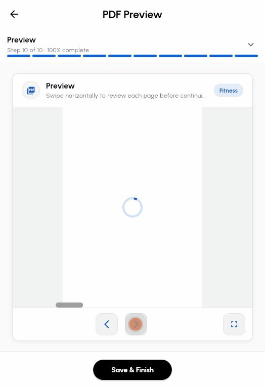 Step 10 PDF Preview: paging through the waiver pages with the arrow buttons before Save and Finish