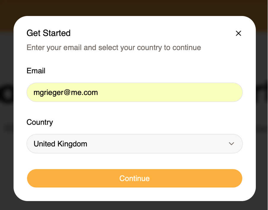 Entering email and country on marketing website