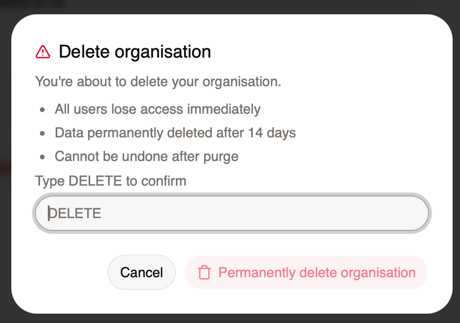 Delete organisation confirmation form