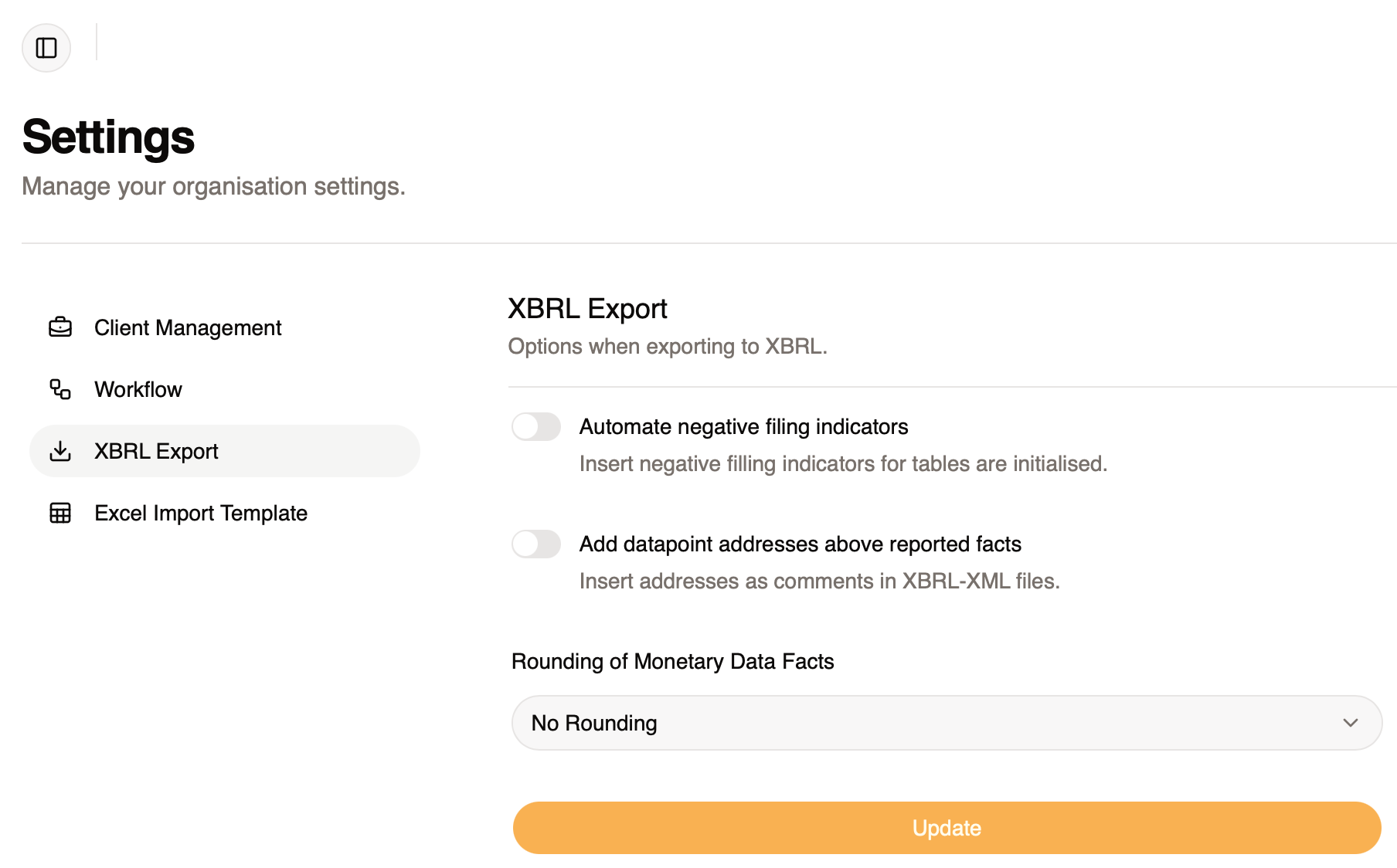 XBRL export settings