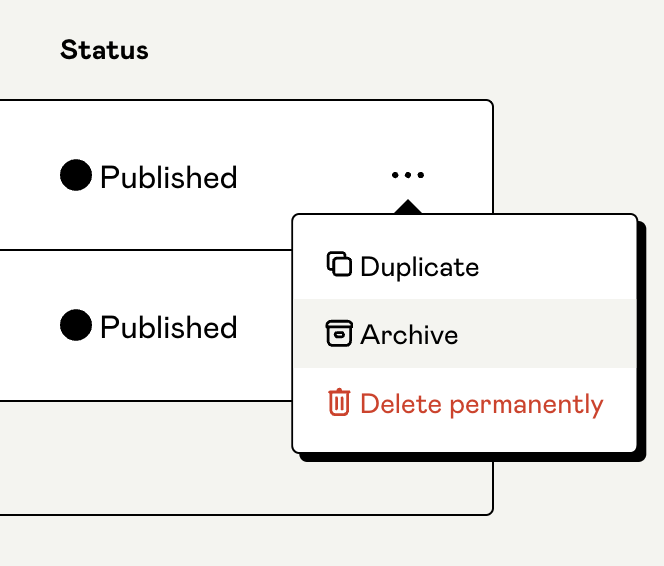 In this image, we are looking at a close-up of a user interface focusing on the status and action options for items listed on the platform.  On the left, we see two instances of the word 