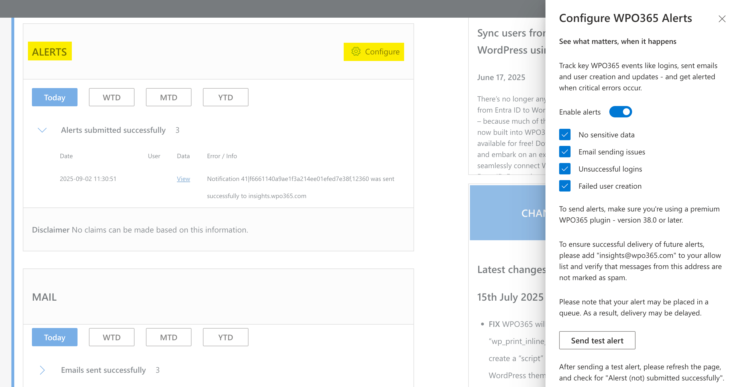 Receive notifications when a critical WPO365 event occurs