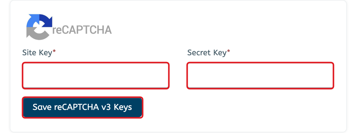 Google reCAPTCHA v3 integration showing the Site Key, Secret Key, and Save reCAPTCHA v3 Keys button outlined in red