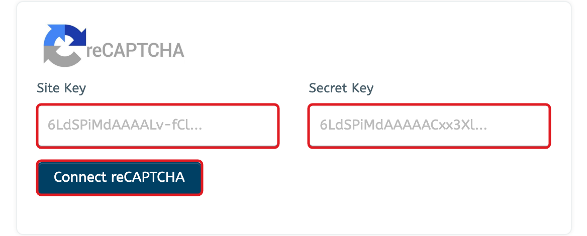 Google reCAPTCHA v2 integration showing the Site Key, Secret Key, and Connect reCAPTCHA button outlined in red