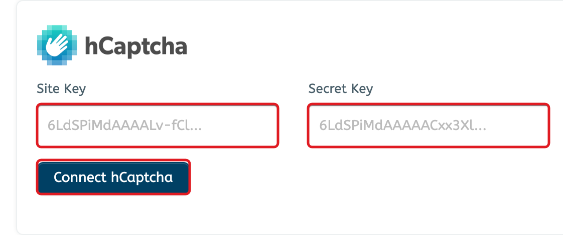 hCaptcha integration showing the Site Key, Secret Key, and Connect hCaptcha button outlined in red