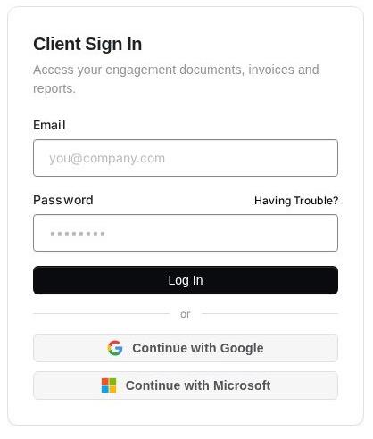 The inline sign-in panel on a published page, with email and password, Having Trouble?, and the Continue with Google and Continue with Microsoft buttons