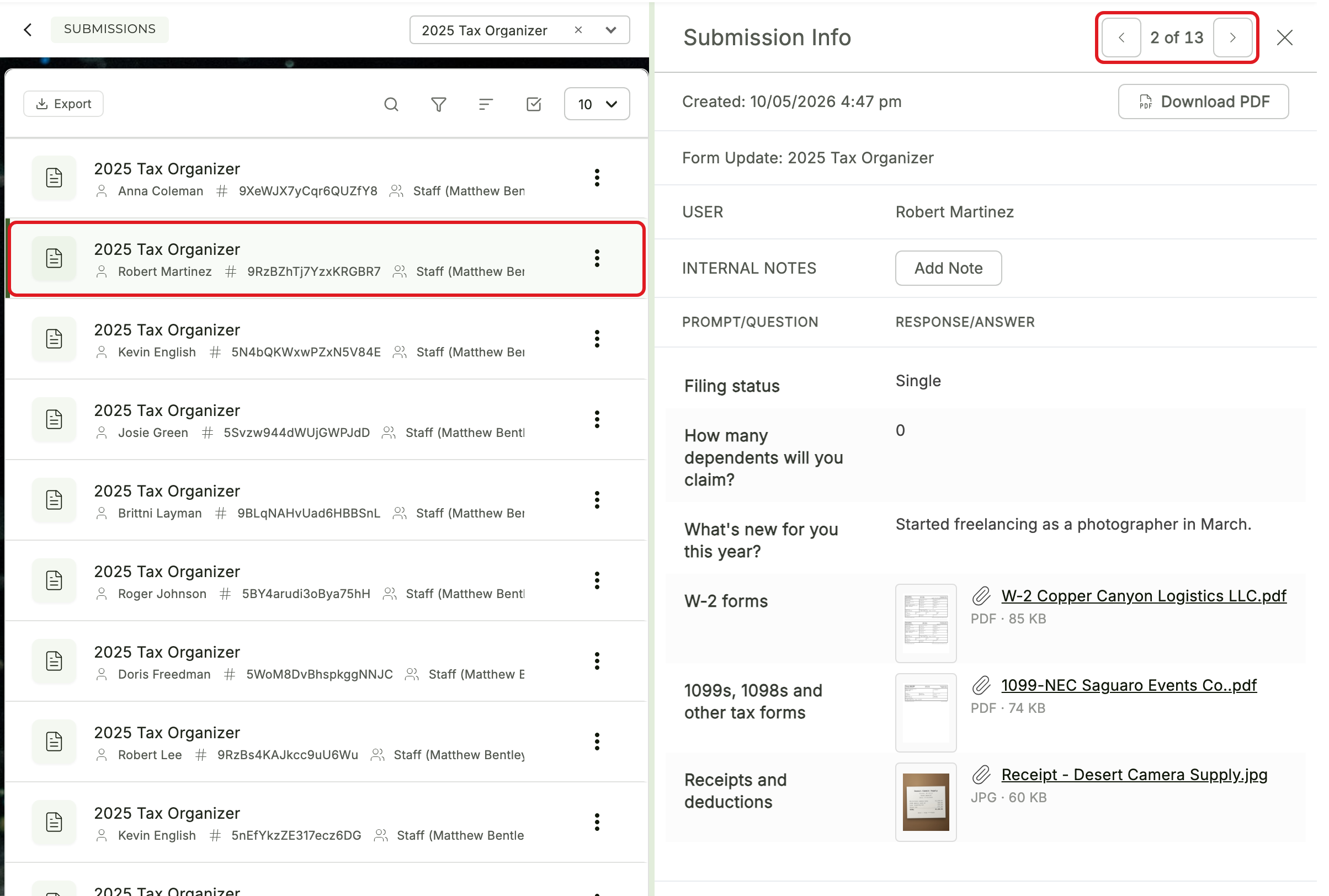 A Form's Submissions list with one submission open in the panel on the right. The open row is marked in the list, and the panel header shows 2 of 13 between the Previous and Next buttons.