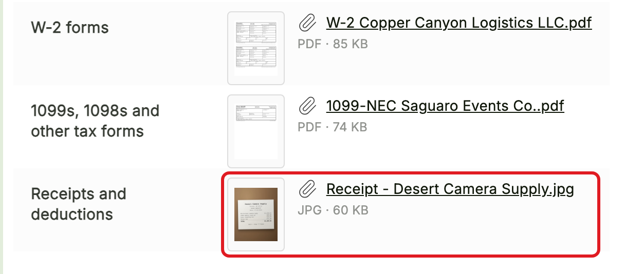 Three answers with uploaded files: a W-2 PDF, a 1099 PDF and a receipt photo. Each shows a small picture, the file name, its type and its size.