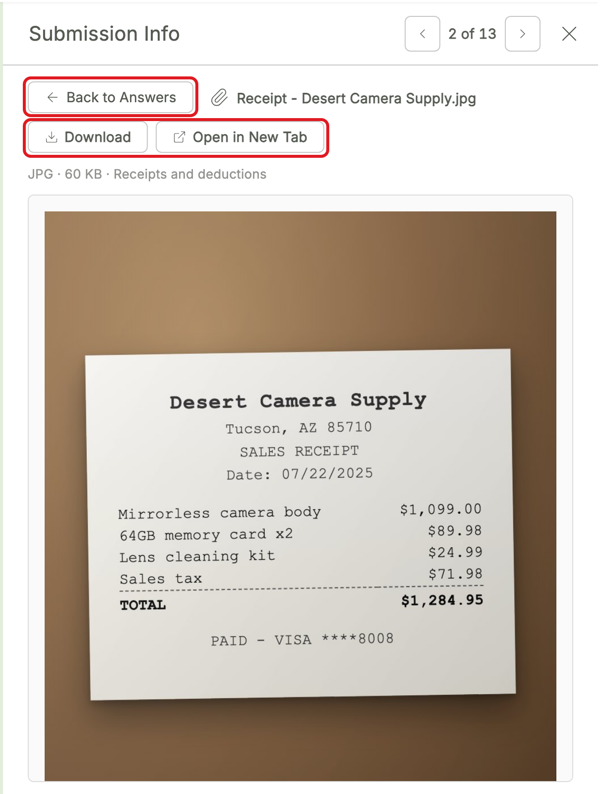 A receipt photo open inside the panel, with the Back to Answers, Download and Open in New Tab buttons above it.