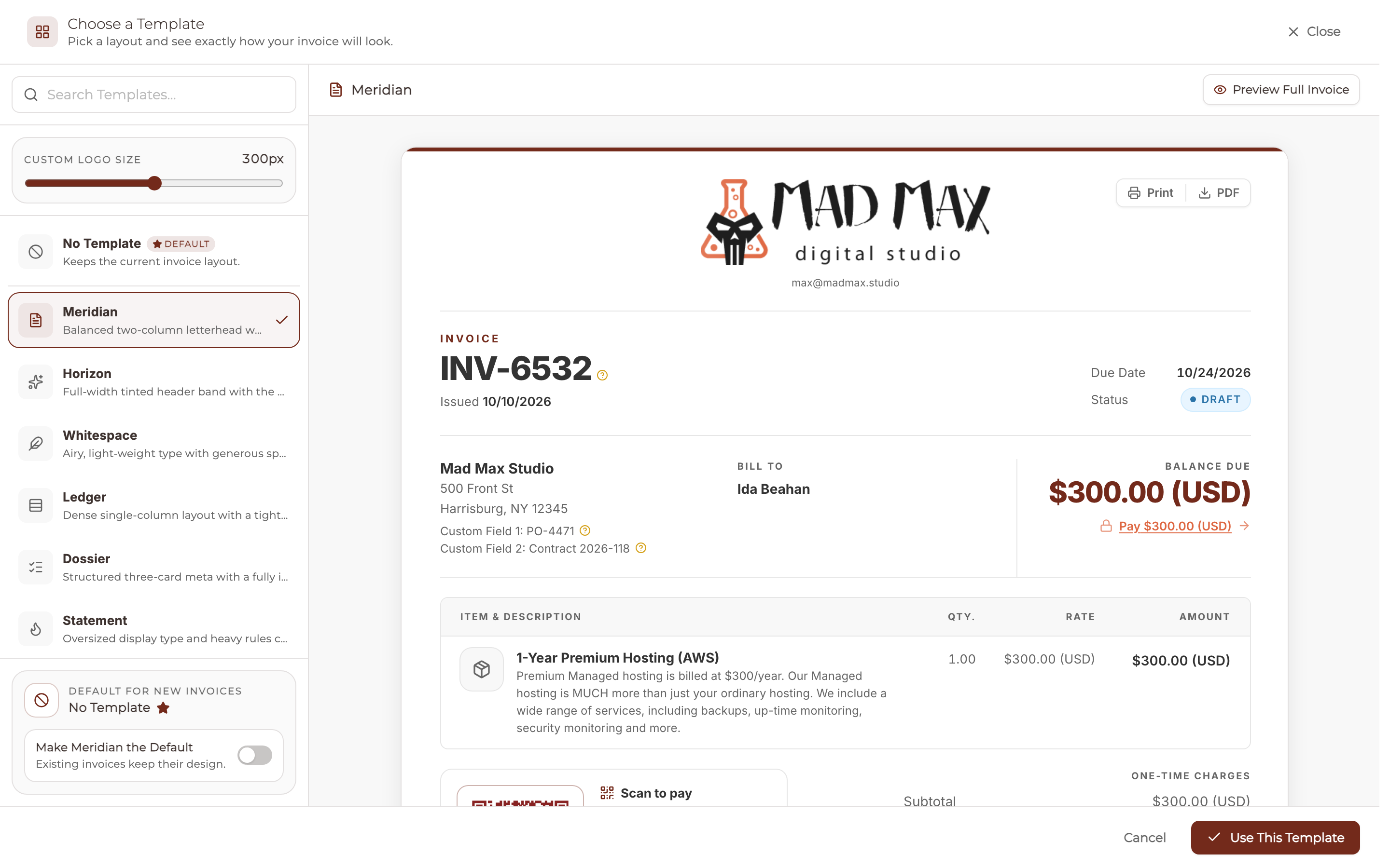 The Choose a Template window with Meridian selected and the Invoice drawn in it