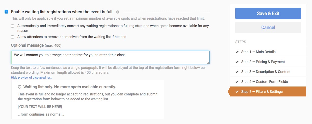 Events with a waiting list - Corsizio Support