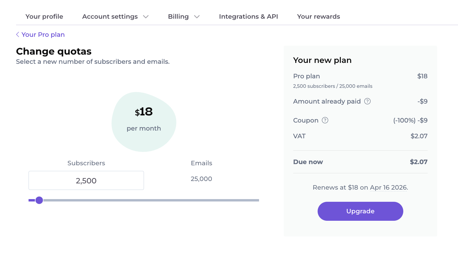 The 'Change quotas' screen