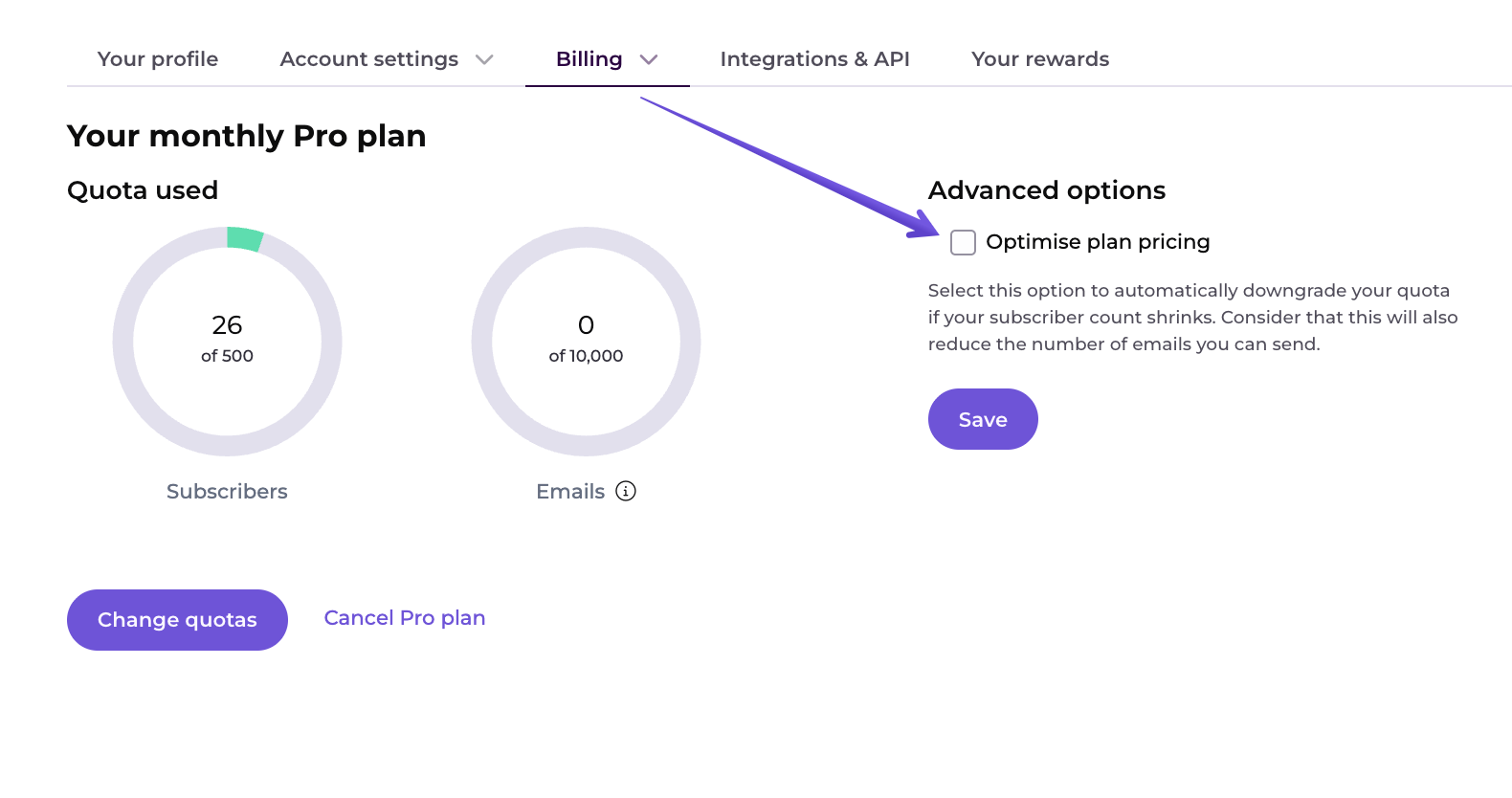 'Optimise plan pricing' screen