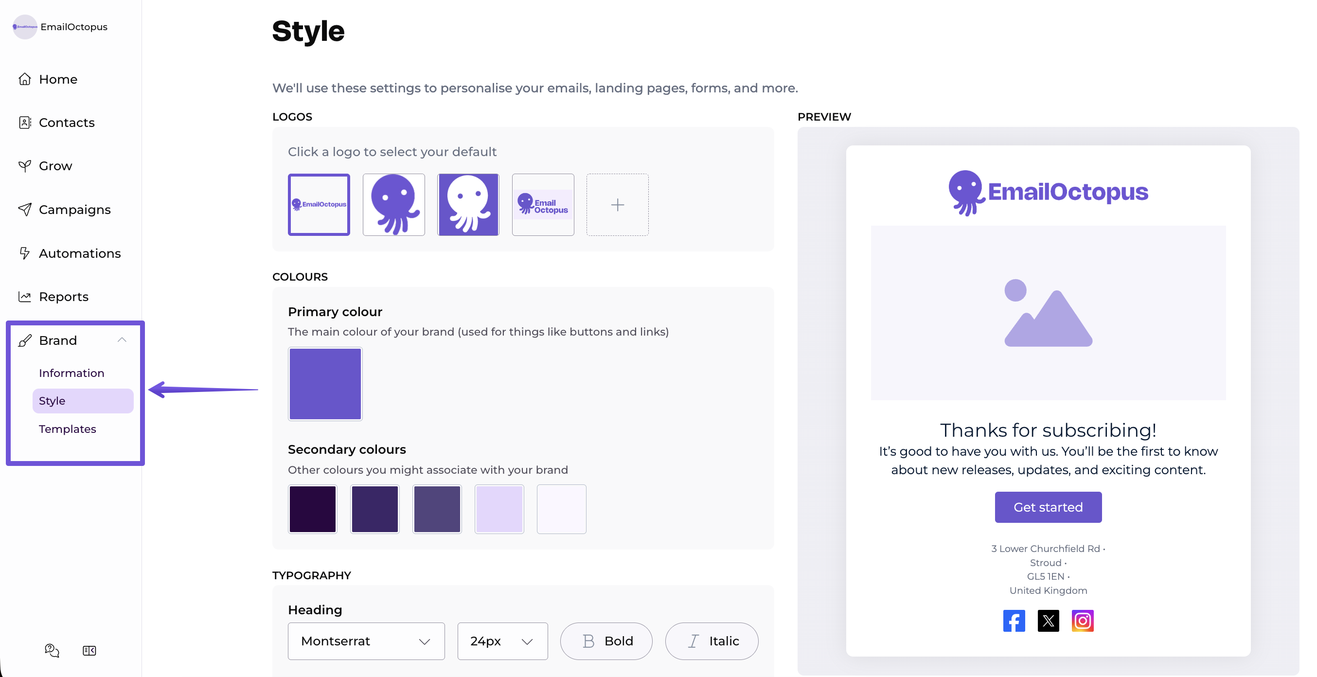 The brand Style screen