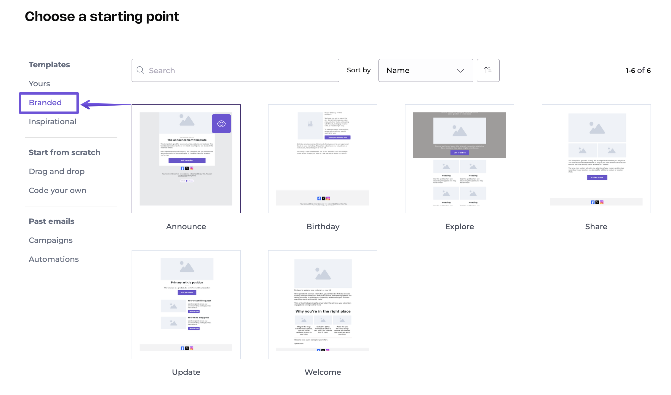Branded section in Templates screen