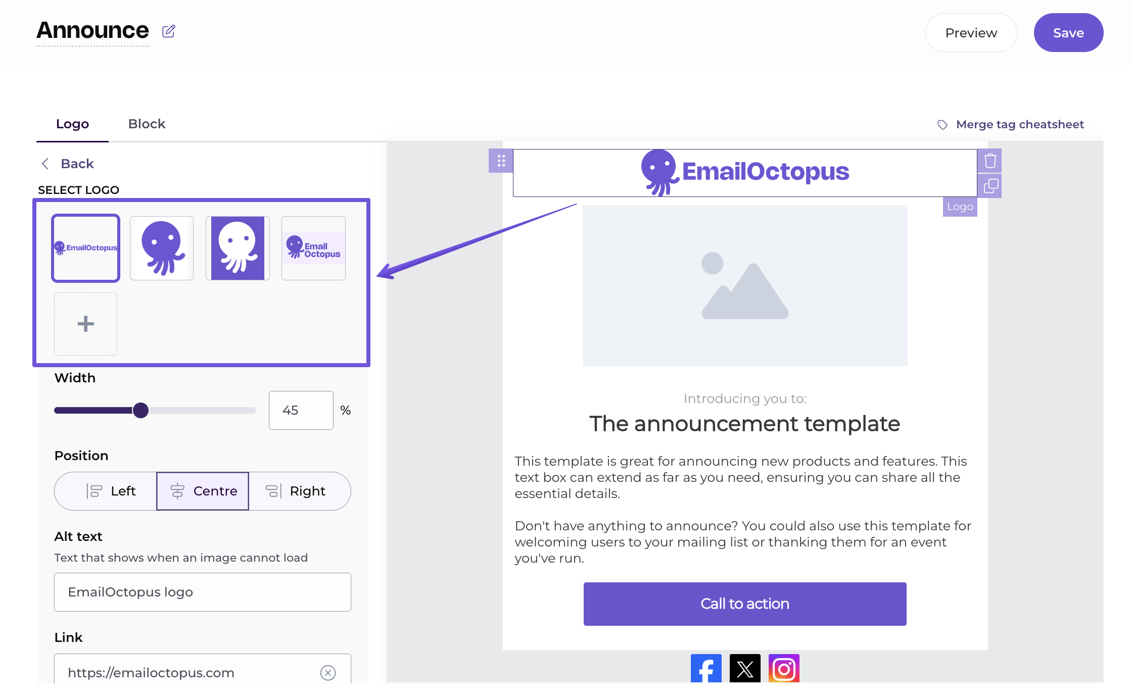 Template screen, showing logos to choose from