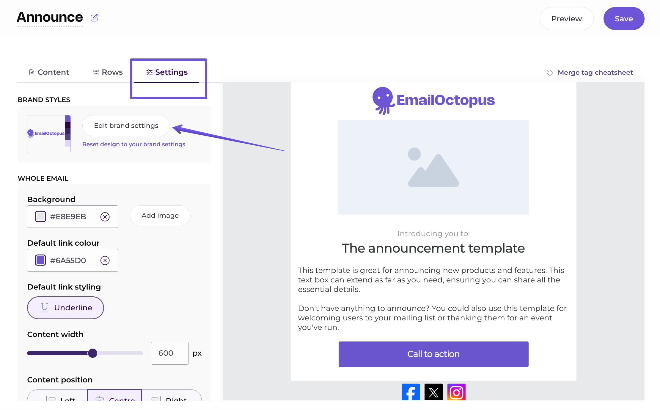 Settings section in a template