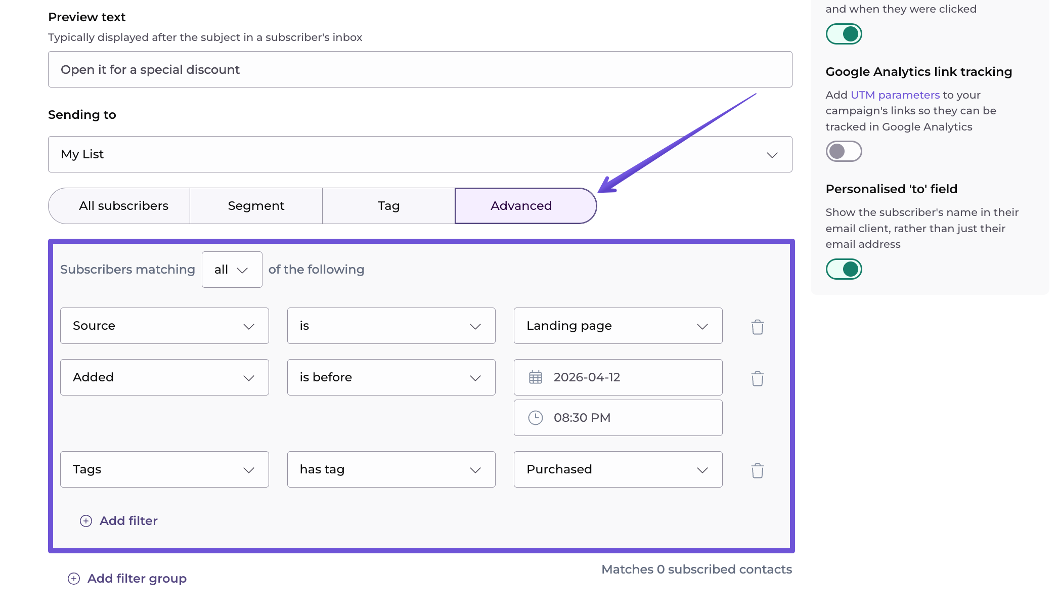 Segmentation screen during campaign setup