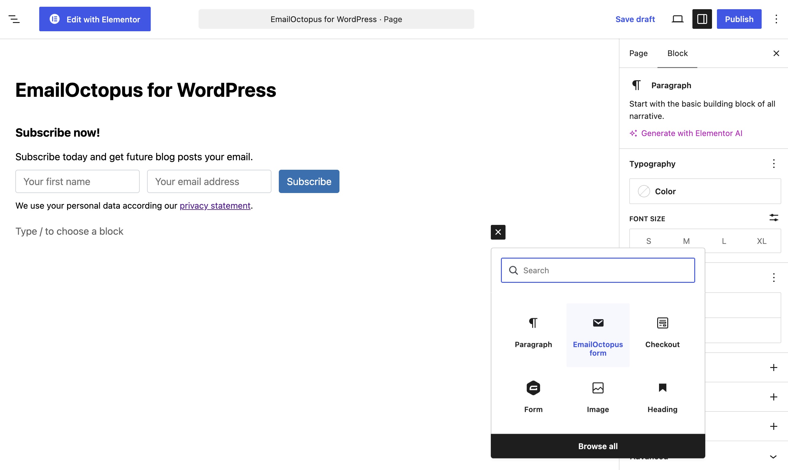 Preview of the EmailOctopus form