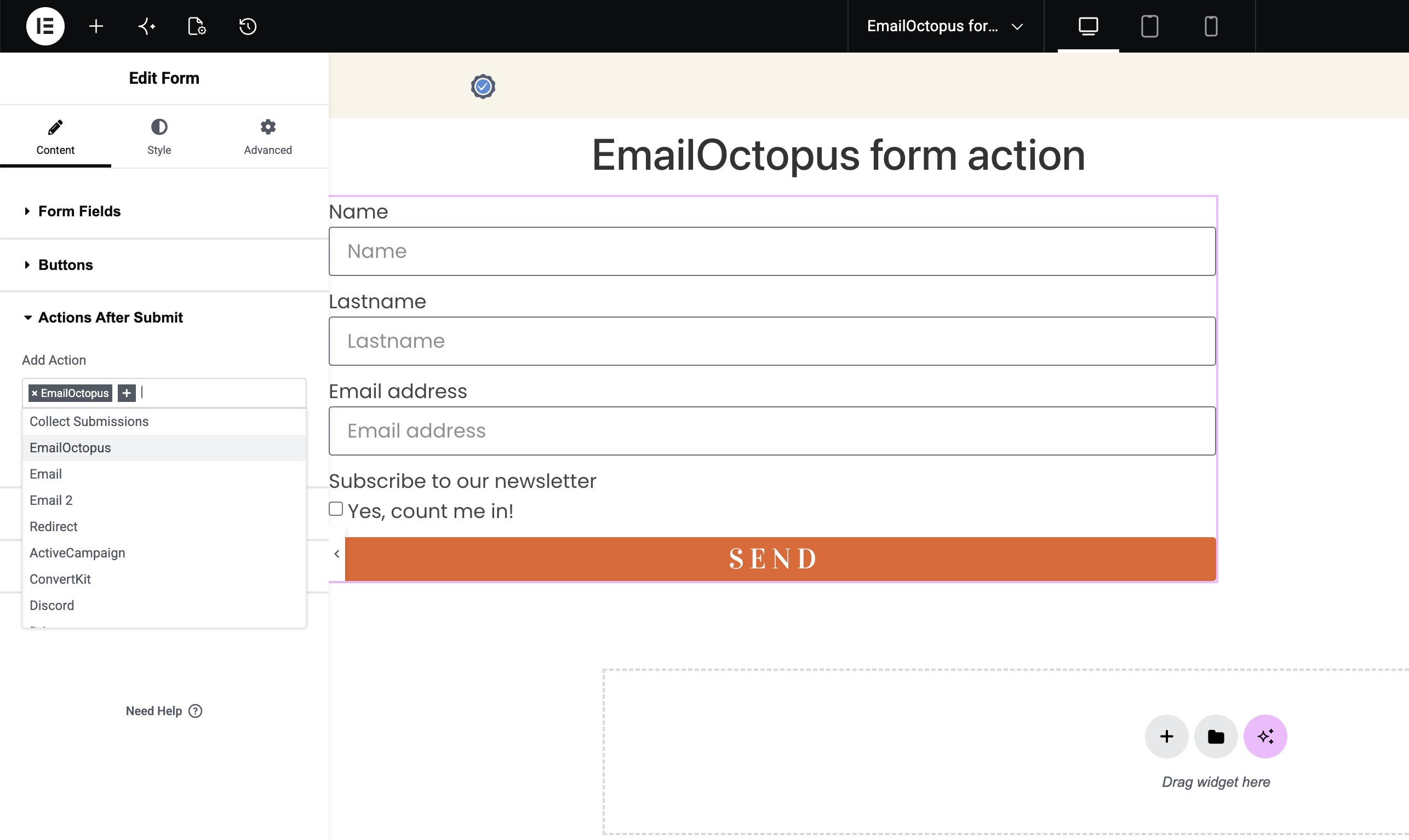 Elementor form action 
