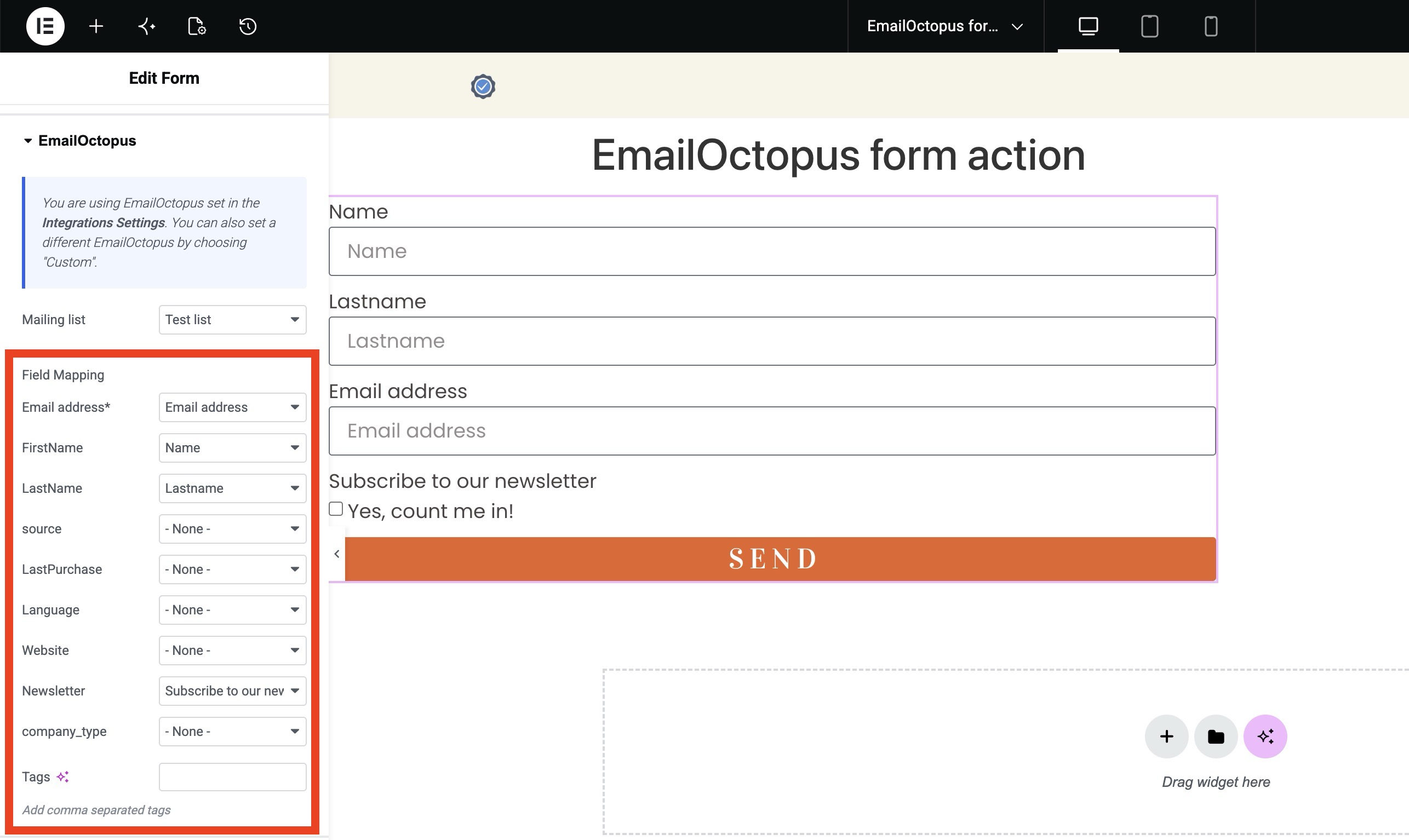 Elementor form mapping settings