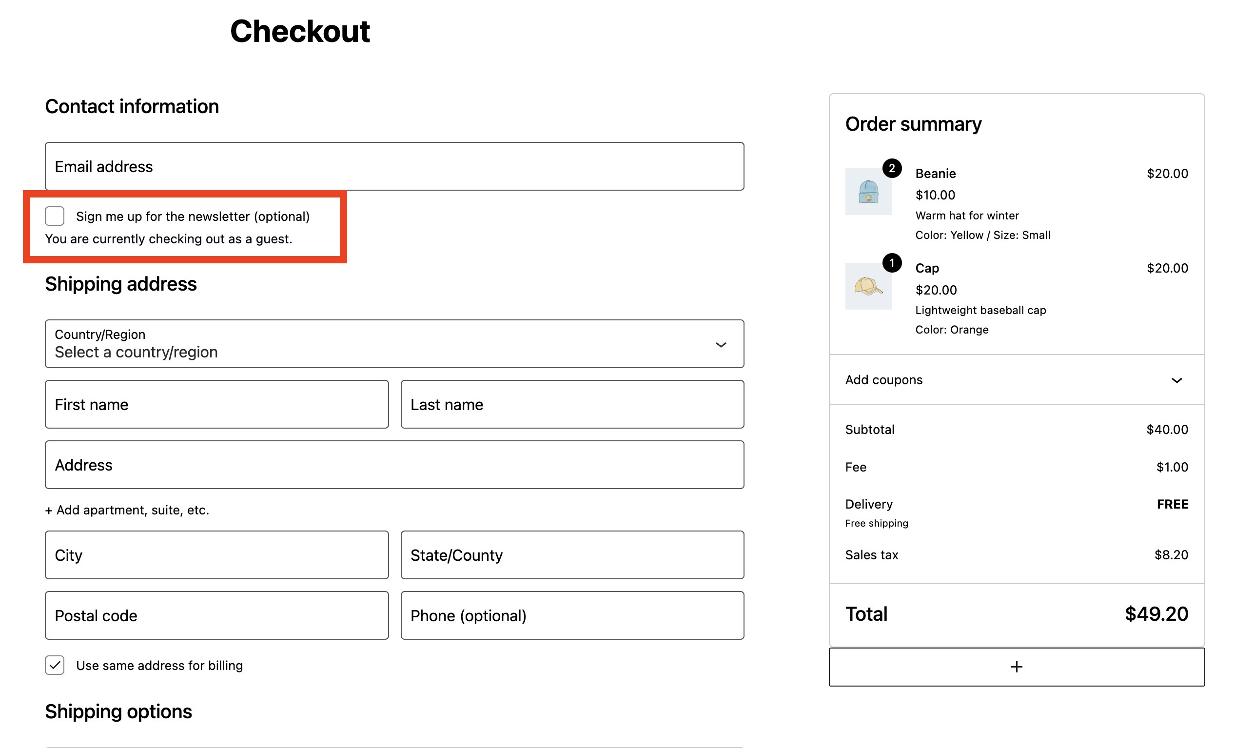 Woocommerce checkout page with a newsletter checkbox 