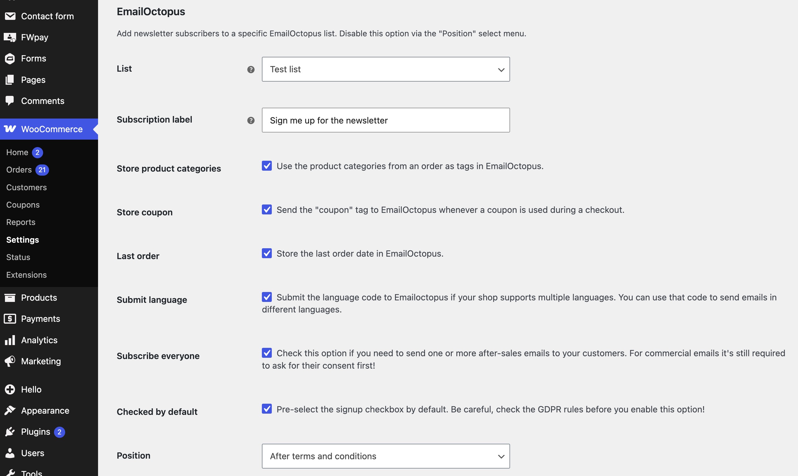 Woocommerce and EmailOctopus plugin settings