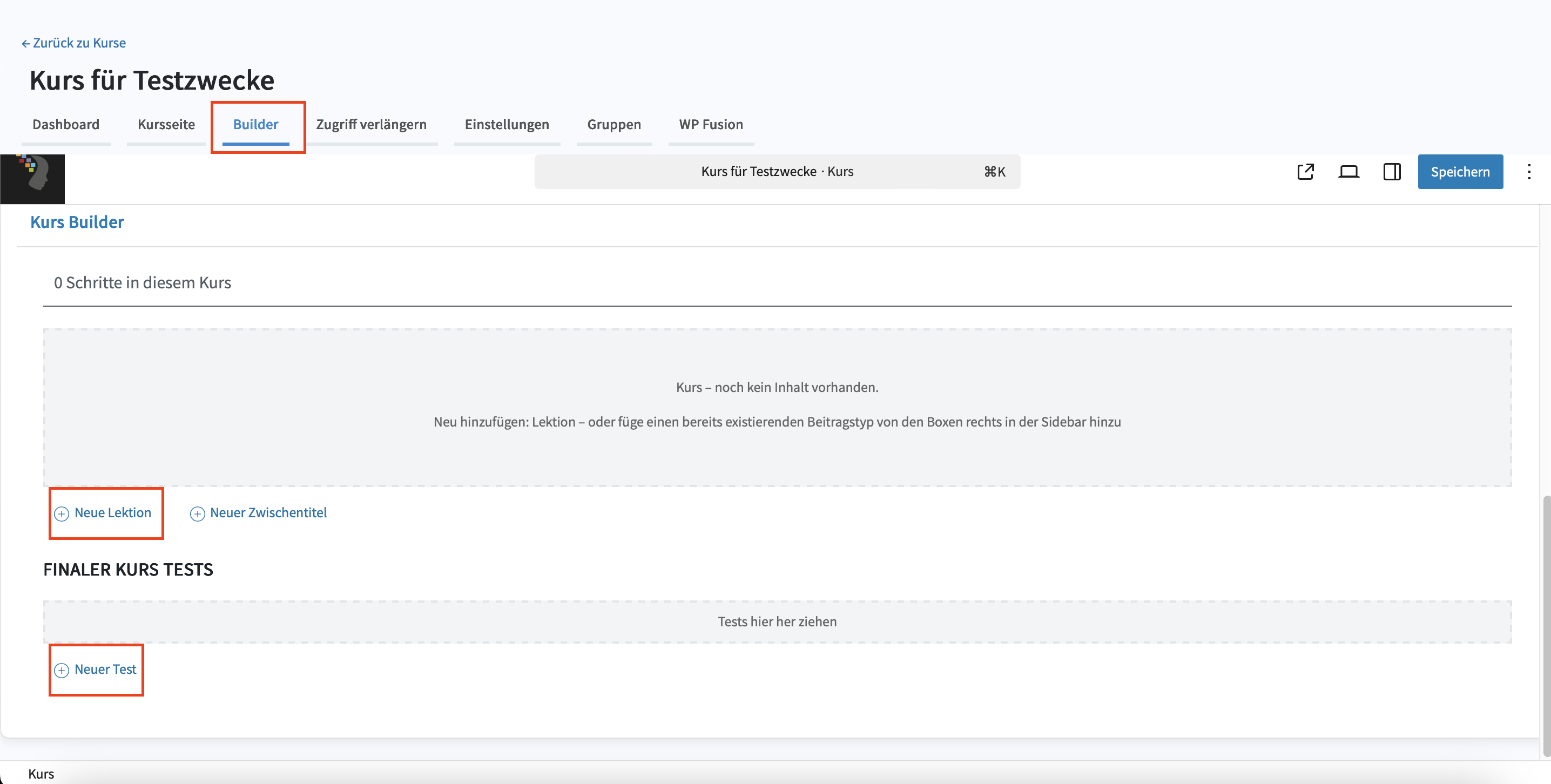 Ansicht Kurs Builder