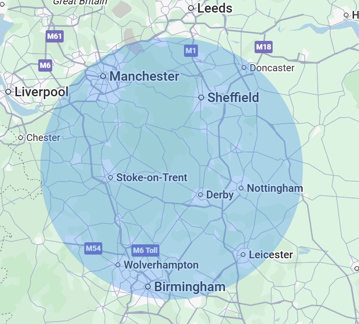 Map showing a wide area with a shared blue area indicating approximate location