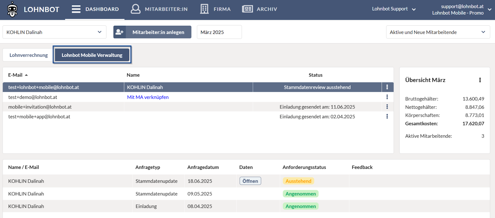 Darstellung des Dashboards. Eine Zeile ist markiert und die Details werden angezeigt. In der Detailansicht befinden sich drei Einträge.
1. Angenommene Einladung mit 08.04.2025
2. Angenommenes Stammdatenupdate mit 09.05.2025
3. Ausstehendes Stammdatenupdate mit 18.06.2025 und der Option, die Daten anzusehen