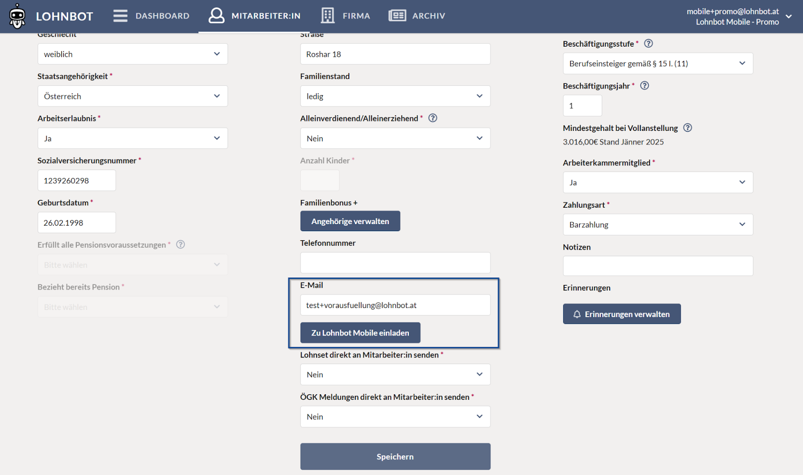 Anzeige des Stammdatenformulars eines Mitarbeitenden mit markierter Stelle. Diese zeigt das Feld 