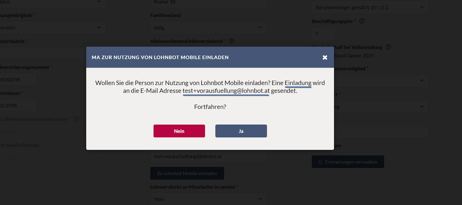 Bild eines geöffneten Modals um Person zu Lohnbot einzuladen. Der Text der Nachricht ist 
