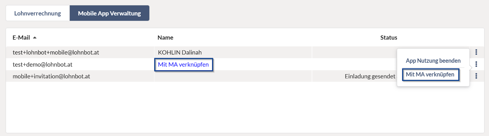 Lohnbot Mobile User:innen Tabelle mit offenem Kontextmenü. Die Option 