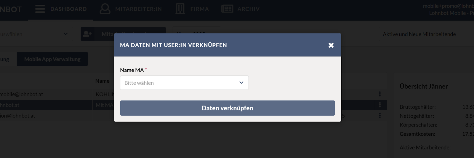 Bild des Modals zur Verknüpfung von Daten mit User:in. Ein Dropdown mit dem Titel 
