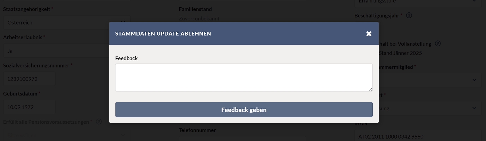 Bild des Modals zum Ablehnen der Stammdaten. Es beinhaltet ein großes Textfeld mit dem Titel 