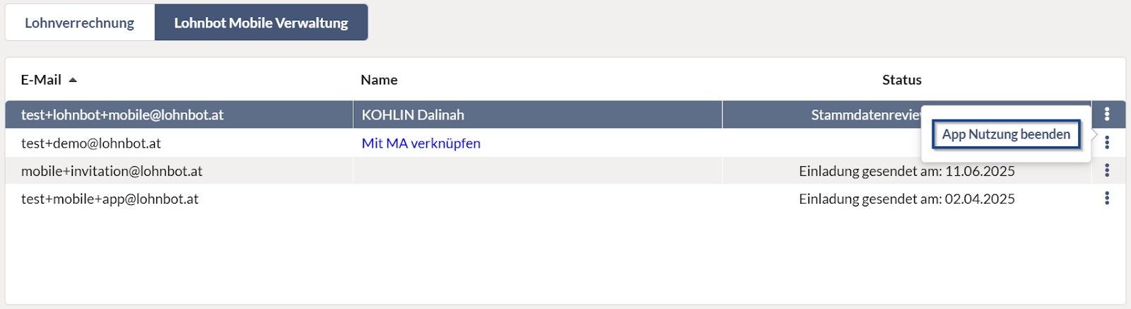Bild von der Lohnbot Mobile Verwaltungstabelle. Eine Zeile ist markiert und das Kontextmenü geöffnet. Die einzige Option 