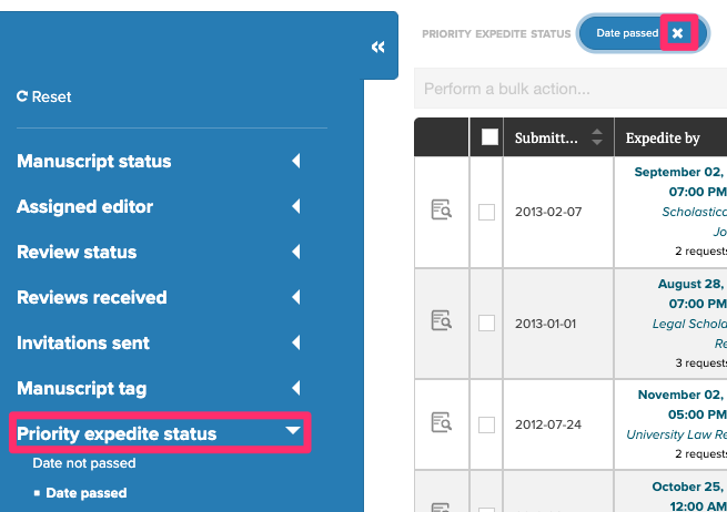 Screenshot of the filtering sidepanel. The Priority expedite status dropdown is open and highlighted. The Date passed option is selected for filtering.