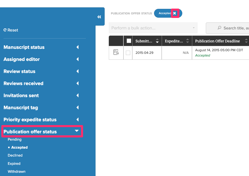 Screenshot of the filtering sidepanel. The Publication offer status dropdown is open and highlighted. The Accepted option is selected for filtering.