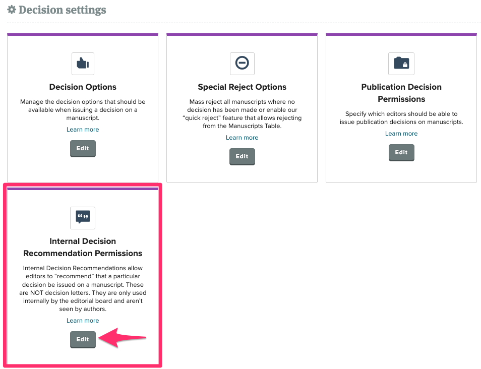 Screenshot of the Decision settings section of the settings page. Internal Decision Recommendation permissions is outlined in pink.