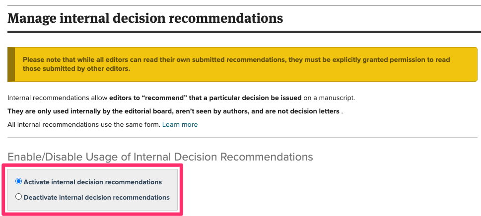 Screenshot of the Manage Internal Decision Recommendations page with the activate/deactivate option highlighted in pink