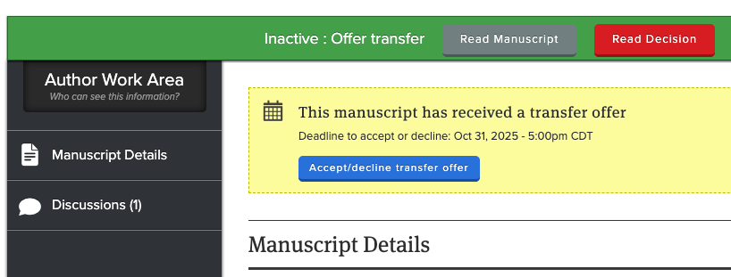 Screenshot of the manuscript work area that shows an active manuscript transfer offer. The blue
