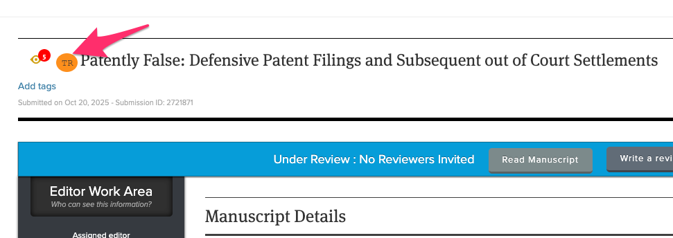 Screenshot of the manuscript work area with an arrow highlighting the