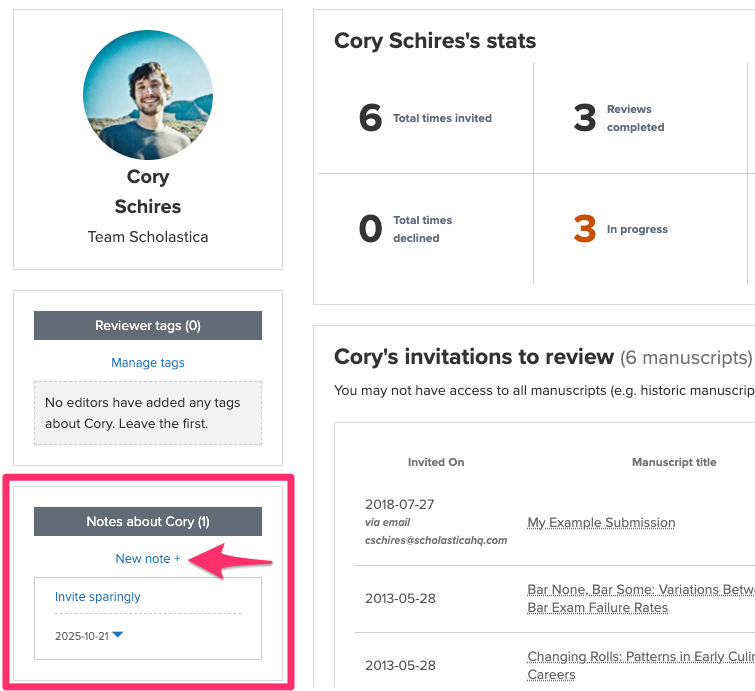 Screenshot of a reviewership profile page. The