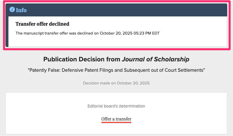 Transfer offer declined notification on the decision letter page